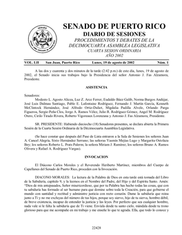 Senado De Puerto Rico Diario De Sesiones Procedimientos Y Debates De La Decimocuarta Asamblea Legislativa Cuarta Sesion Ordinaria Año 2002 Vol