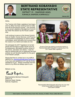 BERTRAND KOBAYASHI STATE REPRESENTATIVE DISTRICT 19 - DIAMOND HEAD, KAHALA, KAIMUKI, KAPAHULU February 2017