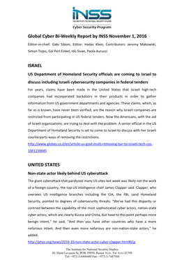 Global Cyber Bi-Weekly Report by INSS November 1, 2016 ISRAEL