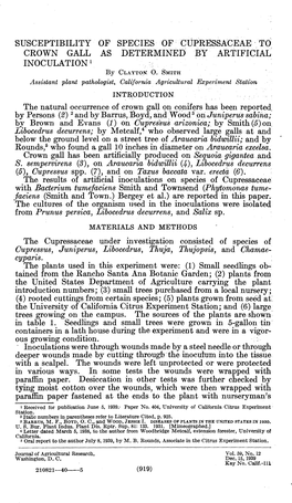 SUSCEPTIBILITY of SPECIES of CÜPRESSACEAE to CROWN GALL AS DETERMINED by ARTIFICIAL INOCULATION! by CLAYTON O