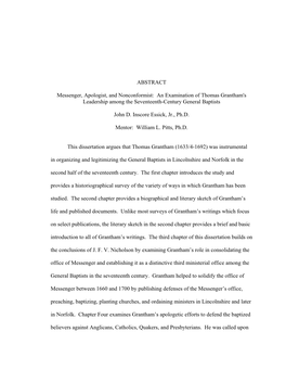 An Examination of Thomas Grantham's Leadership Among the Seventeenth-Century General Baptists