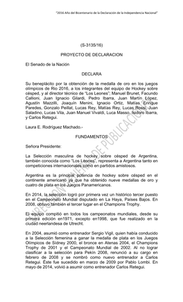 (S-3135/16) PROYECTO DE DECLARACION El Senado De La