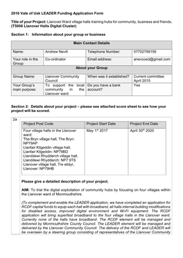 2016 Vale of Usk LEADER Funding Application Form Title of Your