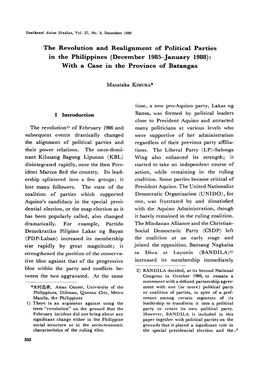 The Revolution and Realigntnent of Political Parties in the Philippines (Decetnber 1985-January 1988): with a Case in the Province of Batangas