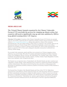 MEDIA RELEASE the Virtual Climate Summit Organized by the Climate Vulnerable Forum