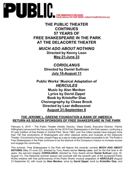 THE PUBLIC THEATER CONTINUES 57 YEARS of FREE SHAKESPEARE in the PARK at the DELACORTE THEATER MUCH ADO ABOUT NOTHING Directed by Kenny Leon May 21-June 23