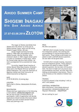 Shigemi Inagaki, 8 Dan Shigemi Inagaki 8Th Dan Aikido Aikikai Złotów 27.07-03.08.2014 Łotów Z 27.07-03.08.2014