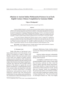 Allusions to Ancient Indian Mathematical Sciences in an Early Eighth Century Chinese Compilation by Gautama Siddha