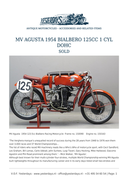 Mv Agusta 1954 Bialbero 125Cc 1 Cyl Dohc Sold