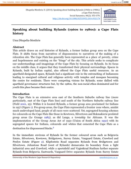 Speaking About Building Rylands (1960S to 1980S): a Cape Flats History