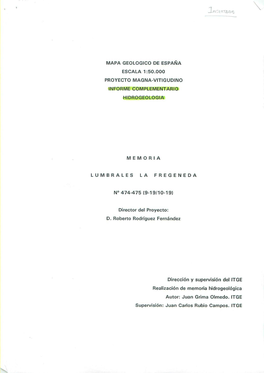 Escala 1 : 50.000 Proyecto Magna - Vitigudino Informe Complementario Hidrogeologia