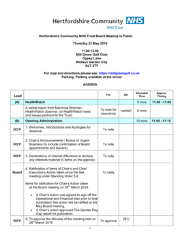 Hertfordshire Community NHS Trust Board Meeting in Public Thursday