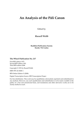 An Analysis of the Pali Canon Was Originally the Work of A.C