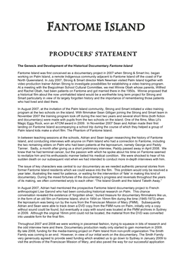 Fantome Island Producers Statement 2012