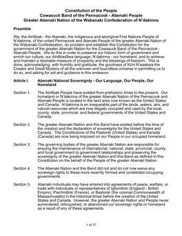 Constitution of the People Cowasuck Band of the Pennacook - Abenaki People Greater Abenaki Nation of the Wabanaki Confederation of N’Dakinna