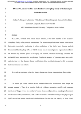 Φcrass001, a Member of the Most Abundant Bacteriophage Family in the Human Gut, Infects Bacteroides Andrey N. Shkoporov, Ekater