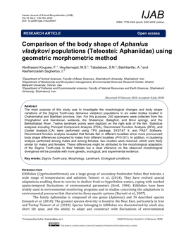 Comparison of the Body Shape of Aphanius Vladykovi Populations (Teleostei: Aphaniidae) Using Geometric Morphometric Method