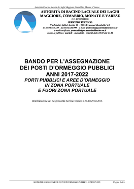 Bando Per L'assegnazione Dei Posti D'ormeggio Pubblici Anni 2017-2022