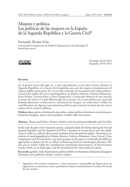 Mujeres Y Política. Las Políticas De Las Mujeres En La España De La Segunda República Y La Guerra Civil*