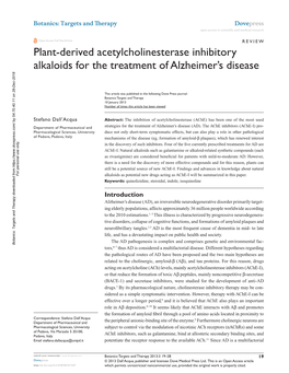 Plant-Derived Acetylcholinesterase Inhibitory Alkaloids for the Treatment of Alzheimer's Disease