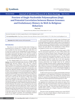 Preview of Single Nucleotide Polymorphism (Snp) and Potential Correlation Between Human Genomes and Evolutionary History As Well As Religious Behaviors Bing Tang*