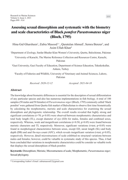 Assessing Sexual Dimorphism and Systematic with the Biometry and Scale Characteristics of Black Pomfret Parastromateus Niger (Bloch, 1795)