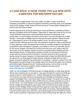 A LOOK BACK, a HUGE THANK YOU and NOW ONTO a NEW ERA for WINTHROP SOCCER