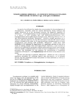 TOXOPLASMOSIS SEROLOGY: an EFFICIENT HEMAGGLUTINATION PROCEDURE to DETECT Igg and Igm ANTIBODIES