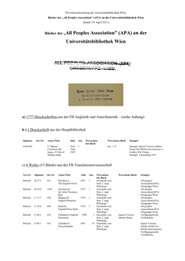 Peoples Association” (APA) an Der Universitätsbibliothek Wien (Stand: 19