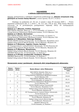 Postępowania O Udzielenie Zamówienia Publicznego Na „Zimowe Utrzymanie Dróg Gminnych Na Terenie Gminy Manowo”, Numer Sprawy: IG.271.1.9.2012