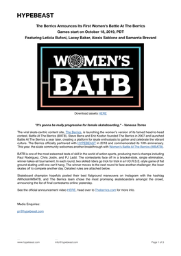 The Berrics Announces Its First Women's Battle at the Berrics Games Start on October 18, 2019, PDT Featuring Leticia Bufoni