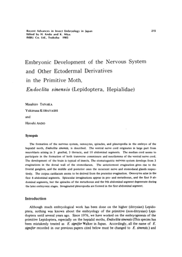 Embryonic Development of the Nervous System and Other Ectodermal Derivatives in the Primitive Moth, Endoclita Sinensis (Lepidoptera, Hepialidae)