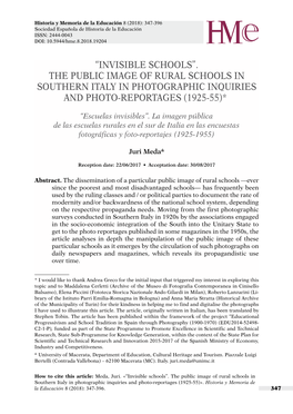 The Public Image of Rural Schools in Southern Italy in Photographic Inquiries and Photo-Reportages (1925-55)*