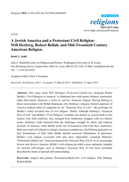 A Jewish America and a Protestant Civil Religion: Will Herberg, Robert Bellah, and Mid-Twentieth Century American Religion