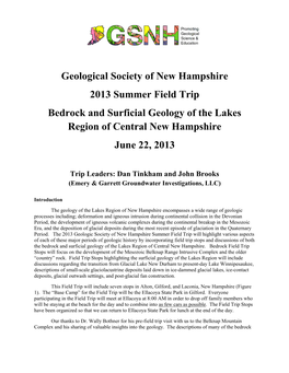 Bedrock and Surficial Geology of the Lakes Region of Central New Hampshire June 22, 2013