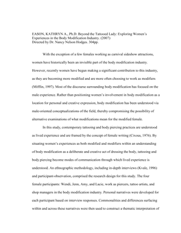 EASON, KATHRYN A., Ph.D. Beyond the Tattooed Lady: Exploring Women’S Experiences in the Body Modification Industry