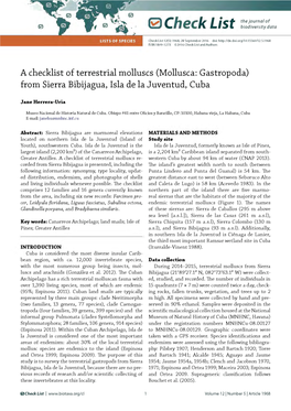 A Checklist of Terrestrial Molluscs (Mollusca: Gastropoda) from Sierra Bibijagua, Isla De La Juventud, Cuba