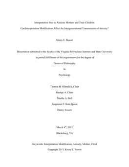 Interpretation Bias in Anxious Mothers and Their Children