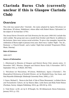 Clarinda Burns Club (Currently Unclear If This Is Glasgow Clarinda Club)