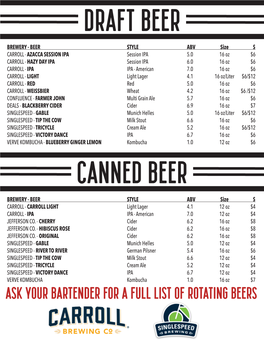 Ask Your Bartender for a FULL List of Rotating Beers COCKTAILS PACKAGED DRINKS