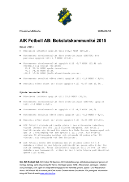AIK Fotboll AB: Bokslutskommuniké 2015