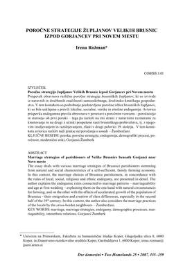 POROČNE STRATEGIJE ŽUPLJANOV VELIKIH BRUSNIC IZPOD GORJANCEV PRI NOVEM MESTU Irena Rožman*
