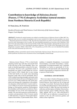 Contribution to Knowledge of Hylesinus Fraxini (Panzer, 1779) (Coleoptera: Scolytidae) Natural Enemies from Northern Moravia (Czech Republic)