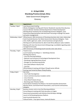 4 - 10 April 2016 Shandong Province (Linyi), China State Government Delegation Itinerary