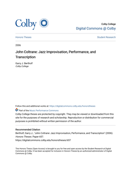 John Coltrane: Jazz Improvisation, Performance, and Transcription