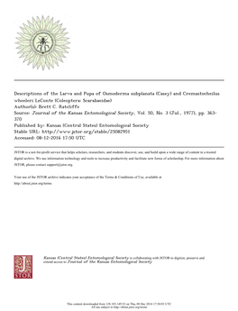 Descriptions of the Larva and Pupa of Osmoderma Subplanata (Casey) and Cremastocheilus Wheeleri Leconte (Coleoptera: Scarabaeidae) Author(S): Brett C