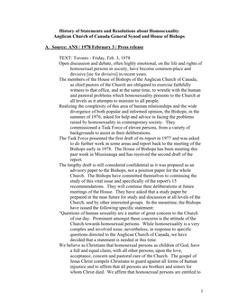 History of Statements and Resolutions About Homosexuality Anglican Church of Canada General Synod and House of Bishops