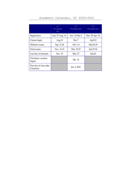 Academic Calendar, SY 2020-2021