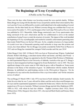 The Beginnings of X-Ray Crystallography a Profile on the Two Braggs