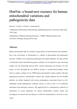 Hmtvar: a Brand-New Resource for Human Mitochondrial Variations and Pathogenicity Data